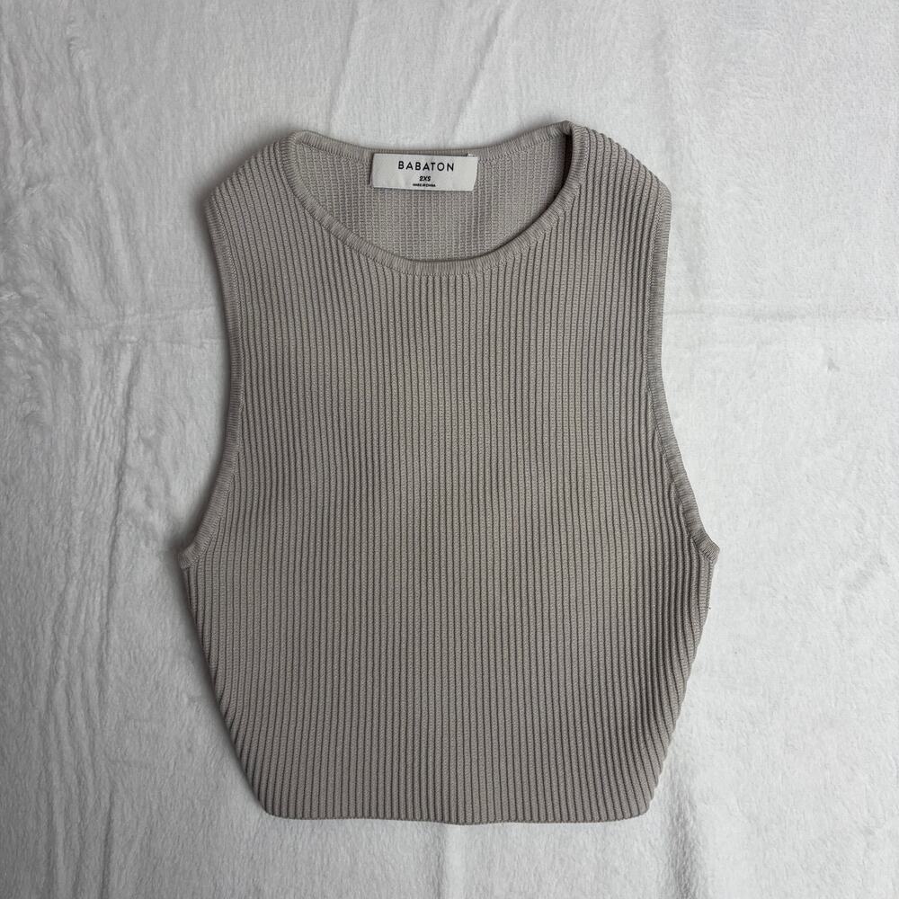 Aritzia Babaton Sculpt Knit Racer Tank Top Womens 2XS Beige Cropped Quiet Luxury